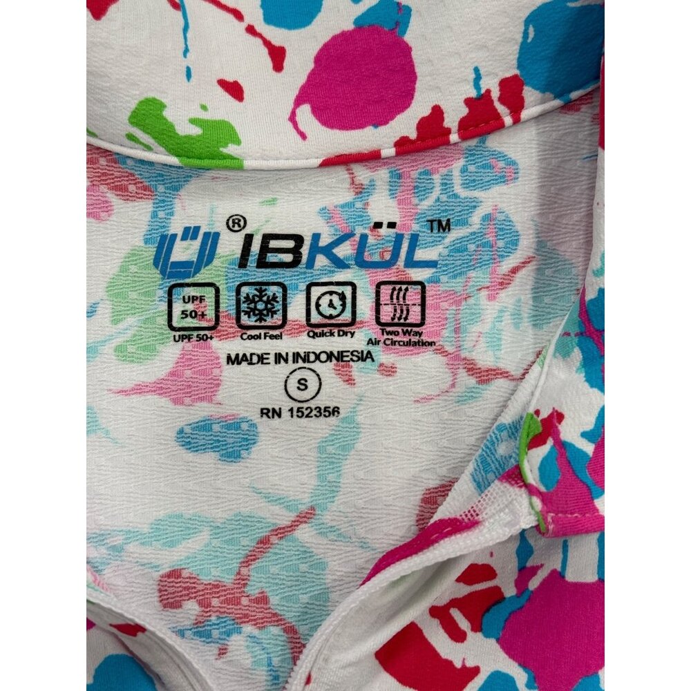 IBKUL Womens Size S Top  1/4 Zip Ruffle-Cap-Sleeve Pink Blue White Splatter UPF - Picture 4 of 8